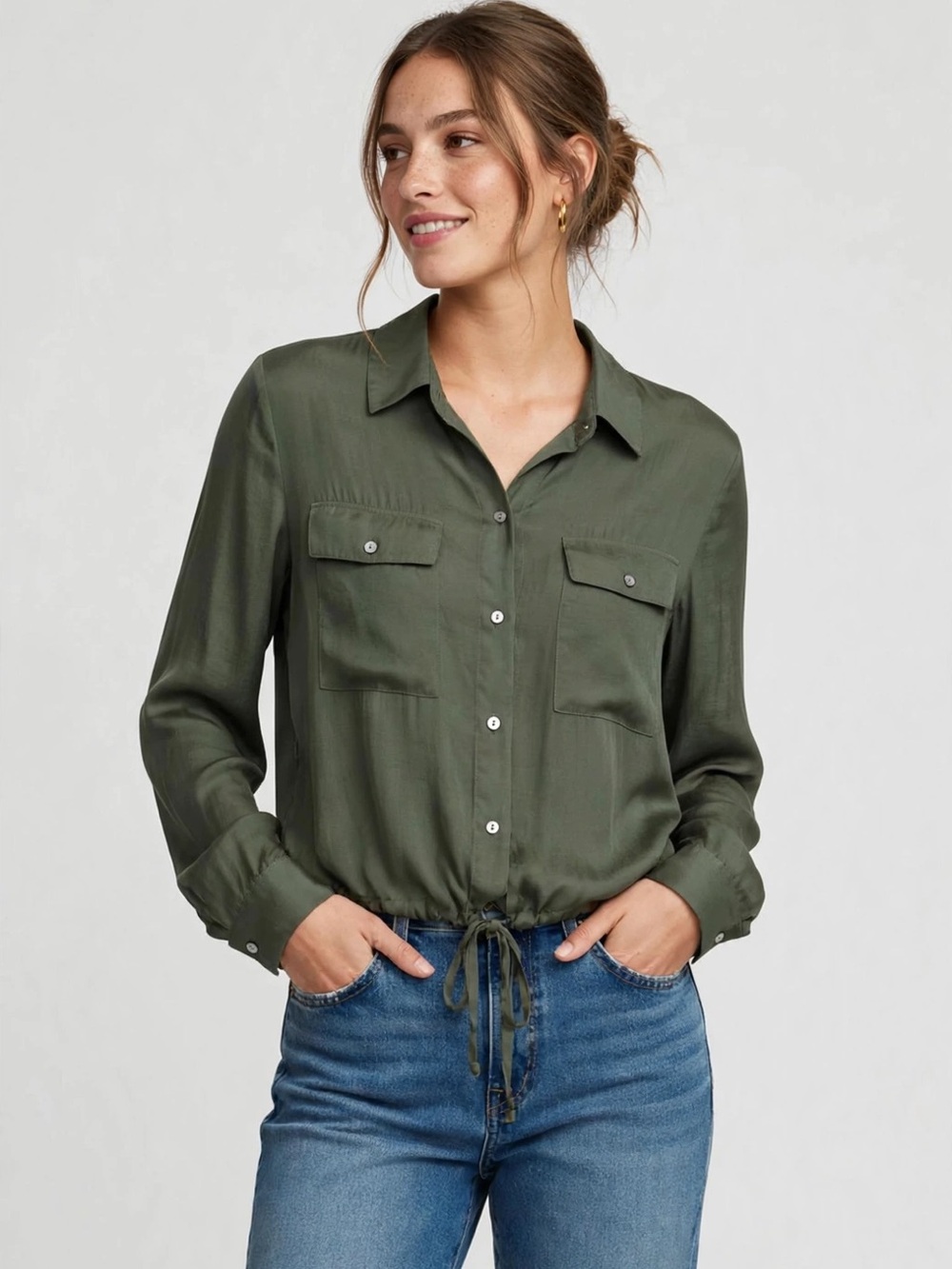 Calligraphie Olive Green Button-Front Tie-Hem Women's Shirt - Medium